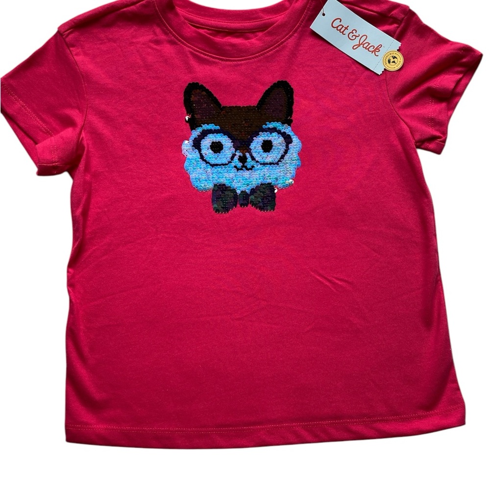 Cat & Jack Pink and Black Short Sleeve Tee with Cartoon Design